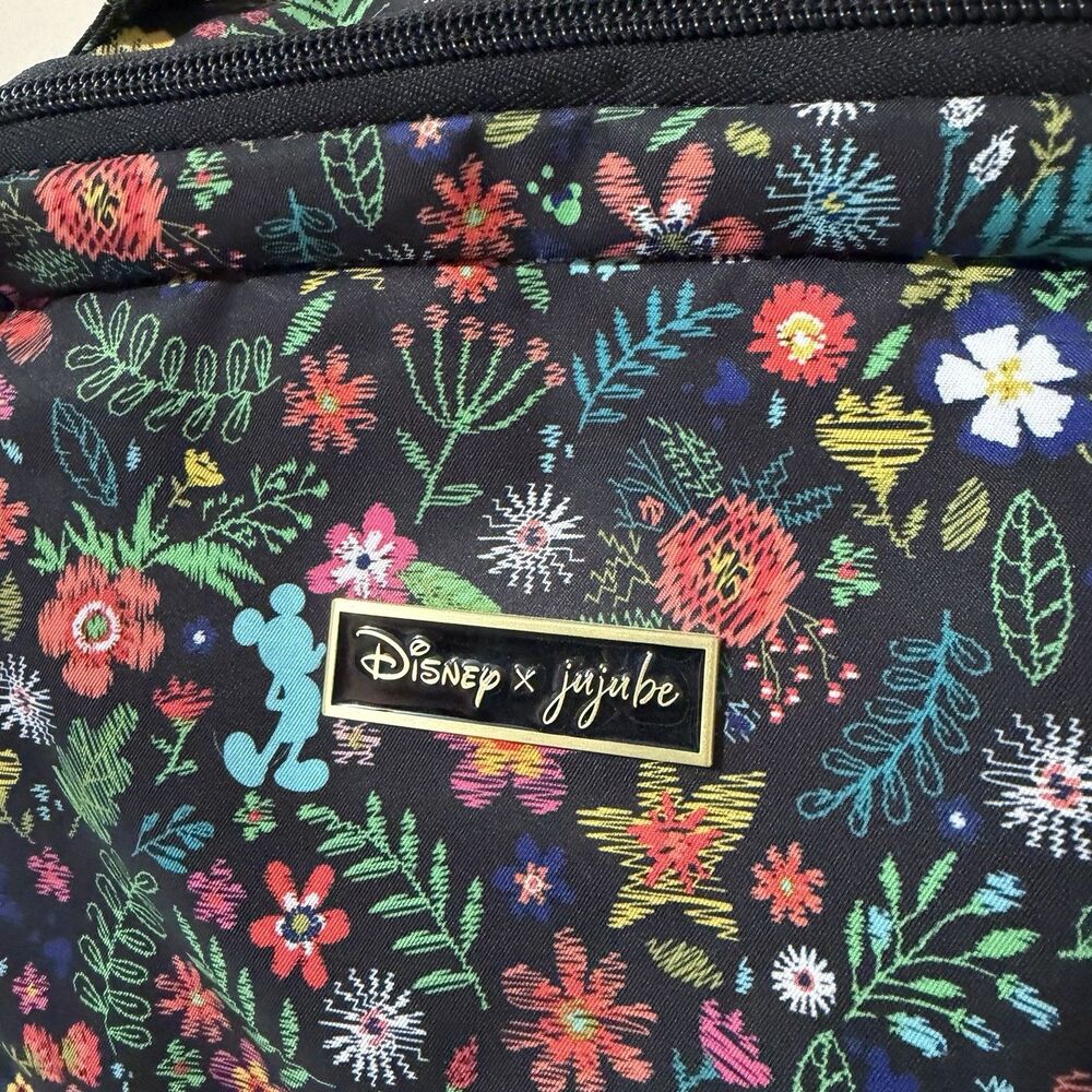 Disney X Jujube Black Floral Mickey Mouse Backpack Missing Pulls -See Photos - Picture 4 of 15